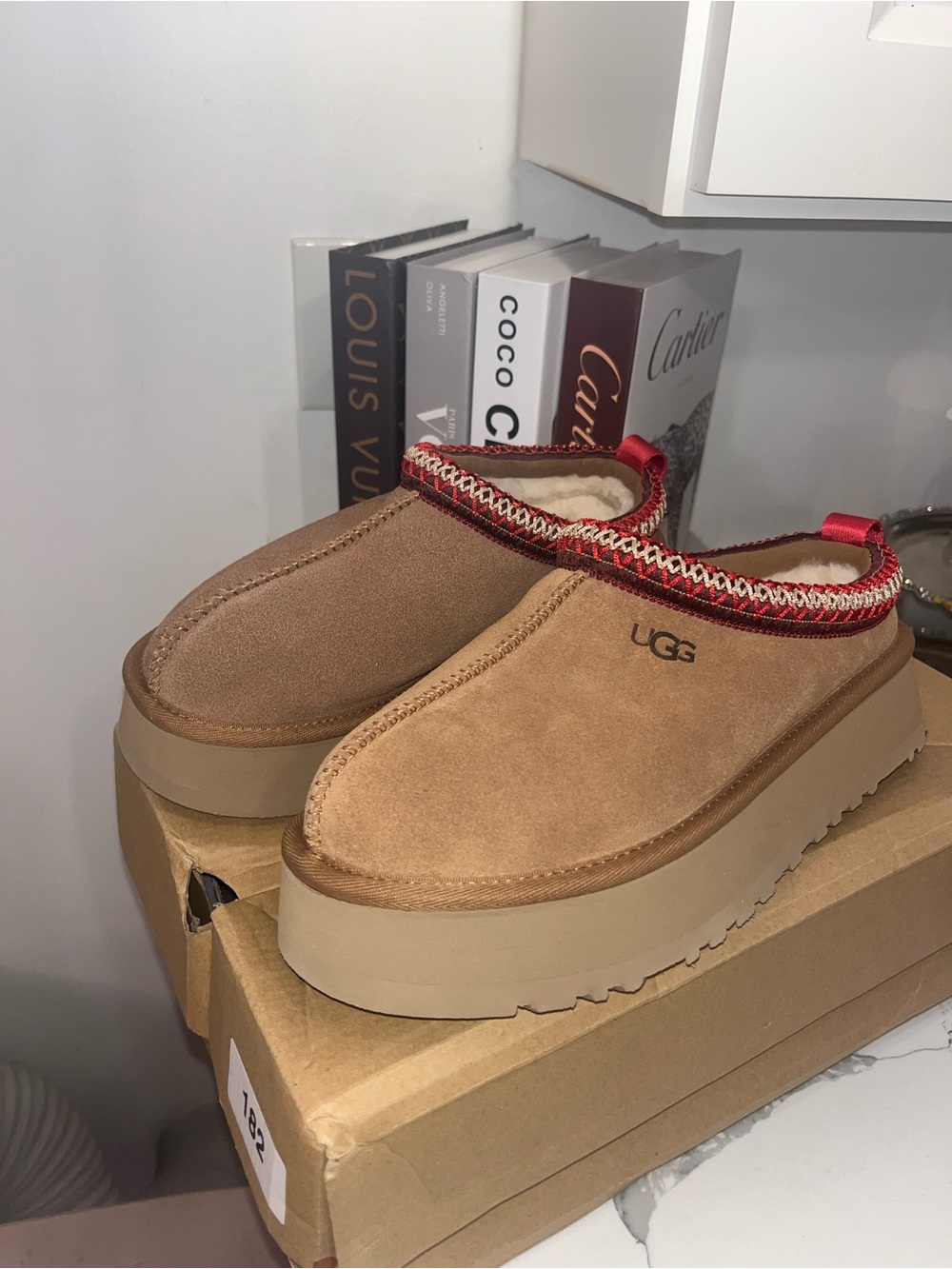 UGG Chestnut Suede Platform Slip-On Mules with Red Trim